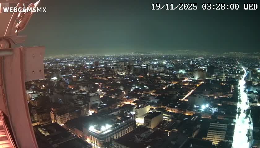 From a high vantage point, a sprawling city at night is illuminated by thousands of lights under a dark, hazy sky.