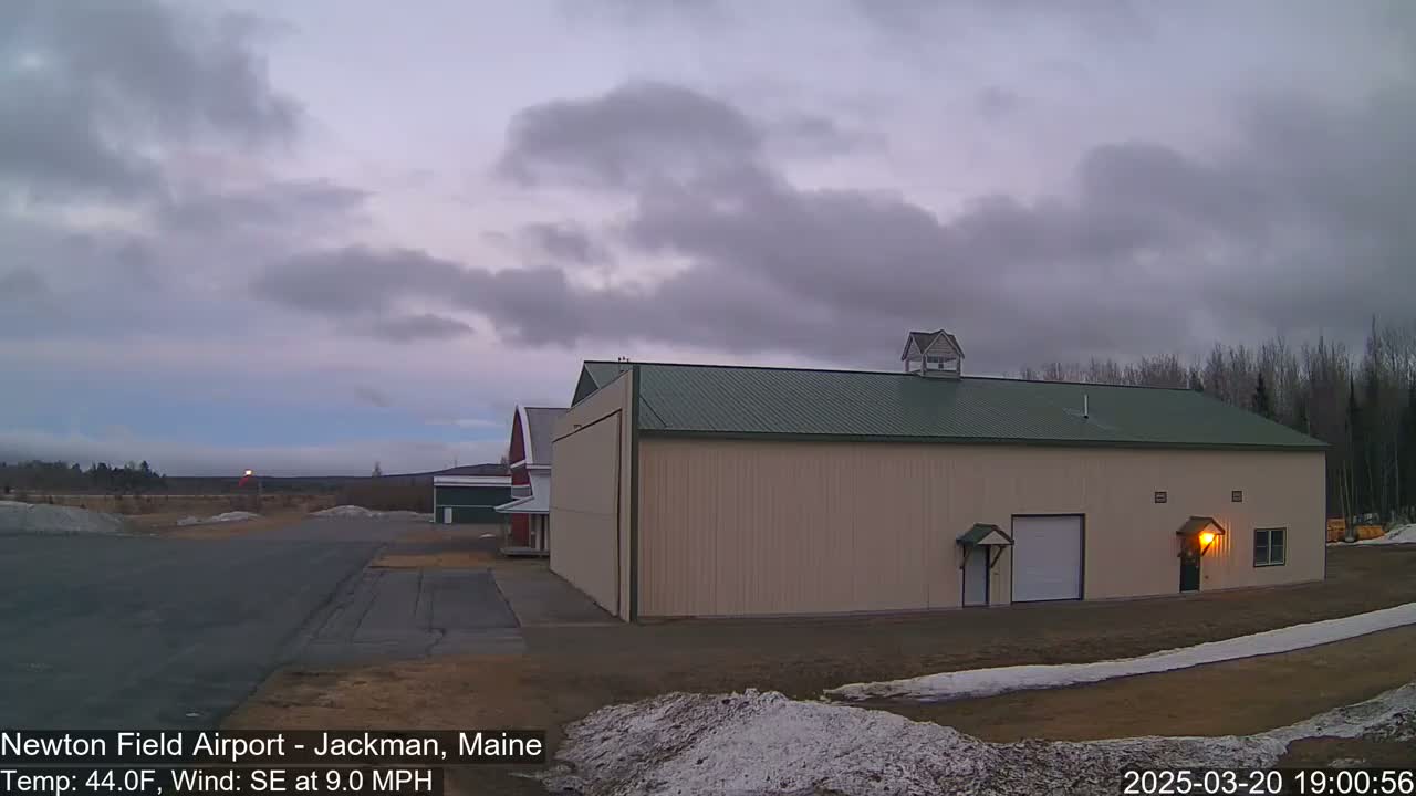 A large tan hangar with a green roof sits on an airfield under a cloudy, overcast sky.
