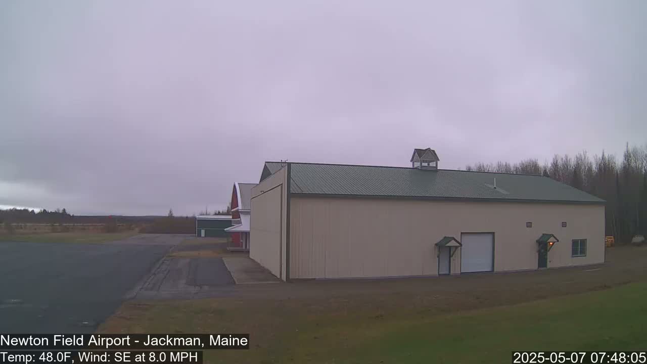 A large tan hangar with a green roof sits on an airfield under an overcast sky.