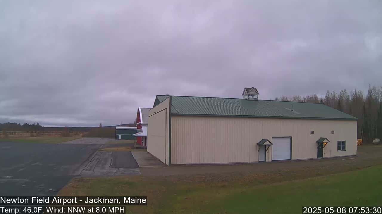 A large tan hangar with a green roof sits on an airfield under an overcast sky.