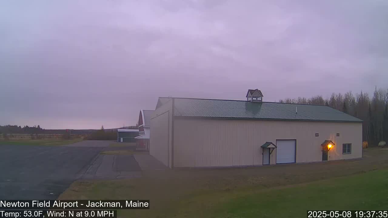 A large beige hangar with a green roof sits on an airfield under a pale, overcast sky.