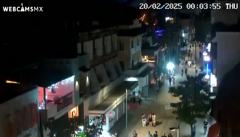 A nighttime overhead view shows a sparsely populated street lined with buildings, illuminated by streetlights and building lights.