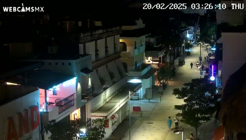 A nighttime, high-angle view of a mostly empty street lined with buildings, some with illuminated signs and string lights.
