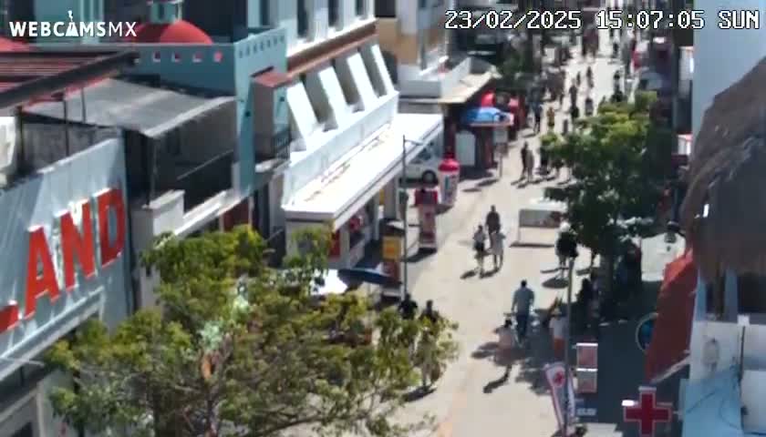 A sunny day shows a pedestrian street scene with many people walking among buildings and small shops.