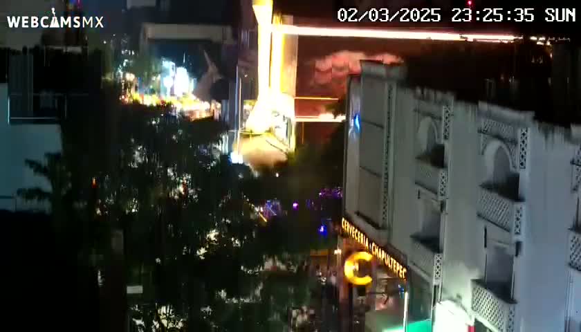 A nighttime, high-angle view of a city street scene with brightly lit buildings and vehicles, surrounded by trees.