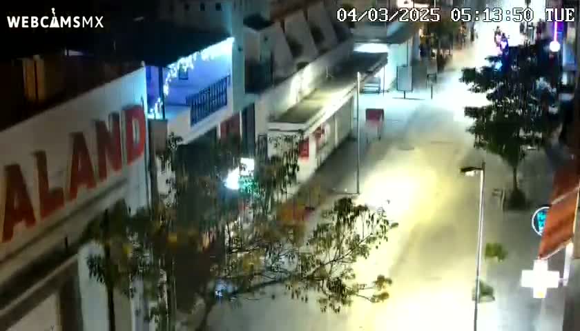 An overhead nighttime view of a mostly empty street with buildings and trees, under well-lit conditions.