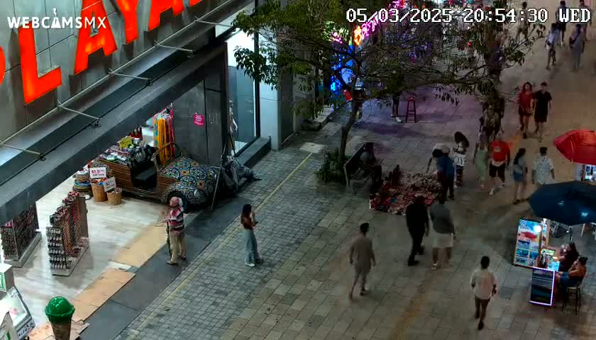 A nighttime street scene shows pedestrians walking past shops and street vendors under the cover of trees.