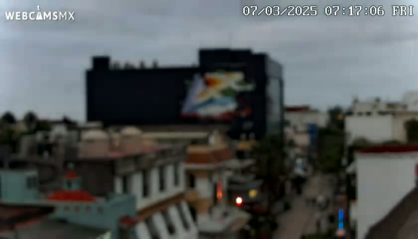 A blurry, overcast view of a city street scene with a large building featuring a mural, other buildings, and some vehicles.