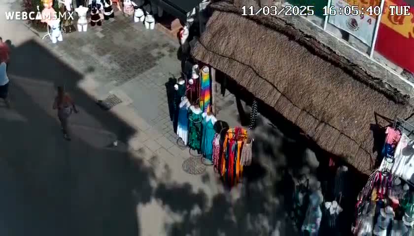 An overhead view shows a sunny street scene with pedestrians and clothing displayed on racks outside a thatched-roof stall.