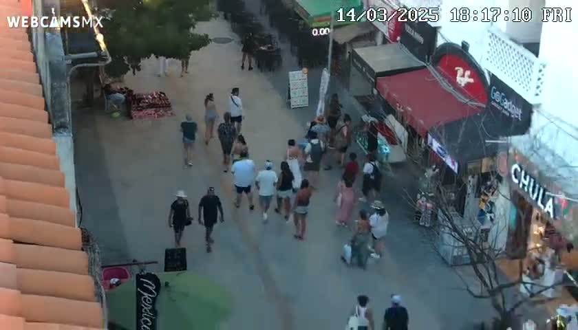 A crowd of people walks down a pedestrian street at dusk, under a clear sky.