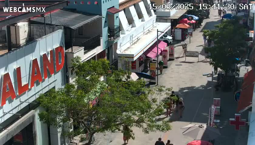 A sunny, outdoor scene shows a pedestrian street lined with shops and buildings, with several people walking around.