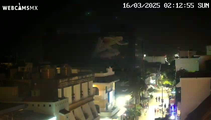 A nighttime, high-angle view of a city street with pedestrians and illuminated buildings.