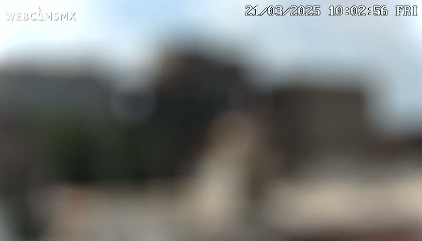 A blurry outdoor image shows muted gray and brown buildings under a mostly clear sky.