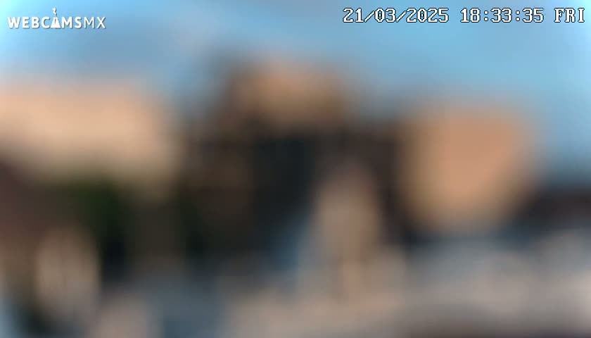A blurry image shows indistinct shapes and muted colors under a light blue sky.