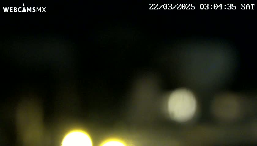 Blurry yellow lights are visible in the dark, likely from vehicles at night.