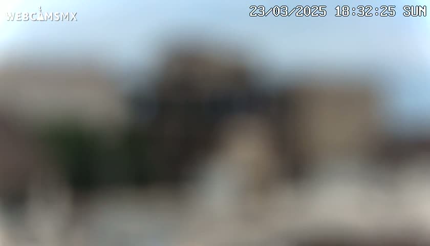 A blurry outdoor image shows a building and some vegetation under a mostly clear sky.