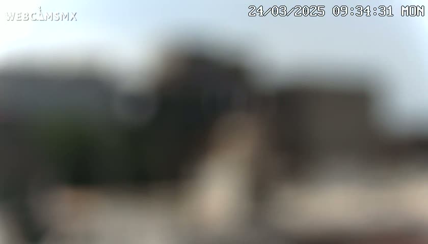 A blurry outdoor image shows indistinct buildings and some greenery under a mostly clear sky.