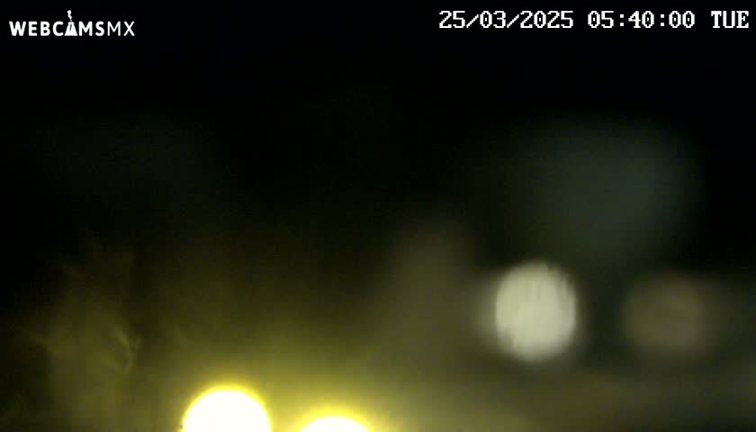 A blurry nighttime image shows bright yellow headlights and out-of-focus white lights in the distance, possibly from other vehicles.