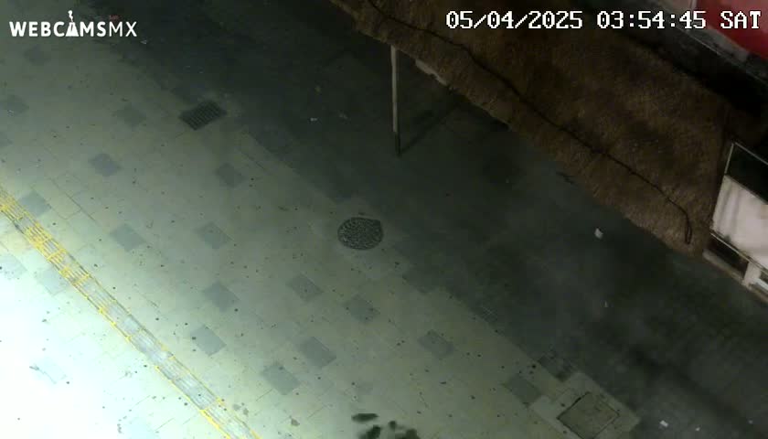 A nighttime high-angle view shows a paved area with a manhole cover and a portion of a building with a thatched roof.