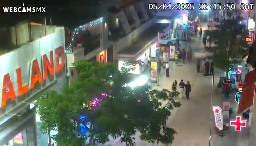 A nighttime, outdoor view of a pedestrian area with shops and people walking, illuminated by streetlights and building lights.