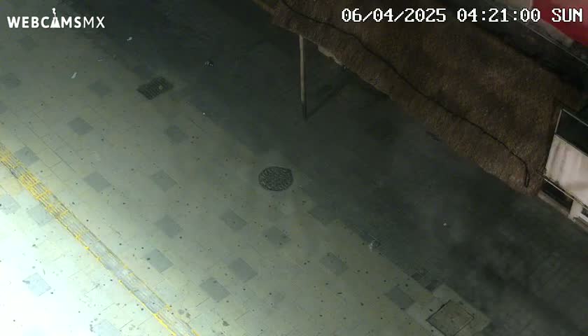A high-angle, nighttime view shows a paved area with a manhole cover, a portion of a building with a thatched roof, and a lightly littered surface.