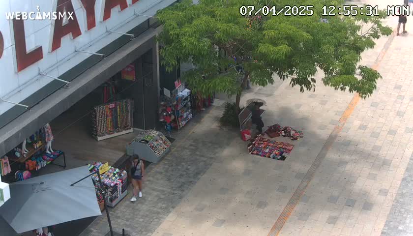 An outdoor overhead view shows a paved walkway next to a building with various shops and vendors, some selling merchandise on the ground under a leafy tree in sunny conditions.