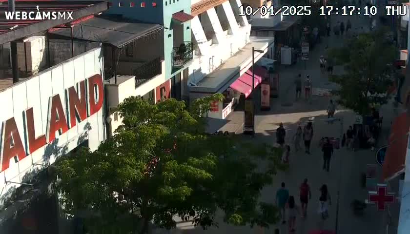 An aerial view shows a sunlit pedestrian street lined with buildings, shops, and people walking.