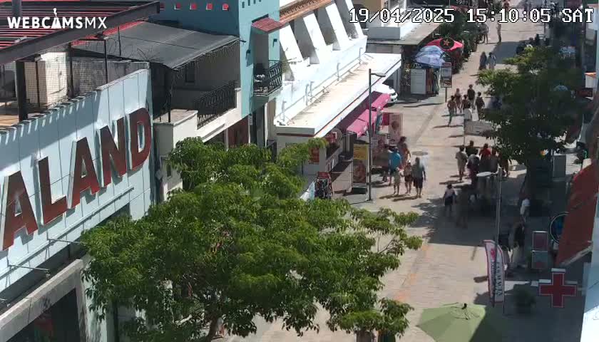 A sunny day reveals a pedestrian-filled street scene with buildings, trees, and various vendors.