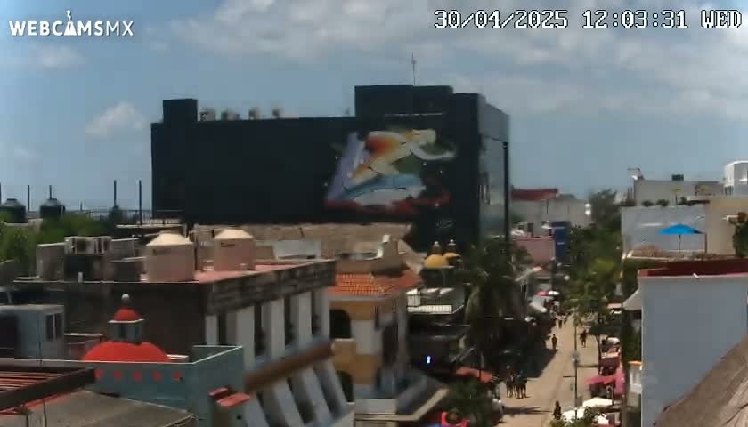 A mostly sunny day reveals a cityscape of low-rise buildings with a large building featuring a mural on its side, and people walking along a street below.