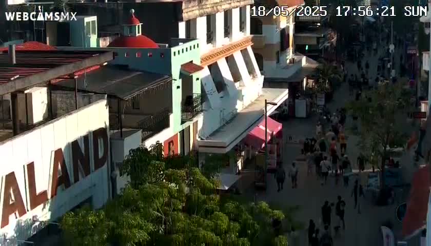 A sunny overhead view of a bustling pedestrian street lined with colorful buildings, some with awnings, and lush green trees.