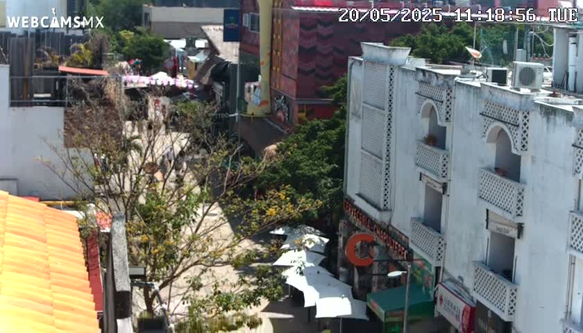 A high-angle view of a city street scene with buildings, trees, and outdoor seating areas on a sunny day.