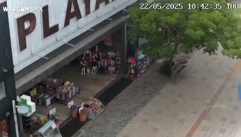 An overhead view shows a storefront with mannequins and various goods displayed outside, under a partly sunny sky.