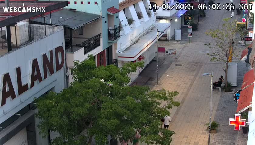A mostly empty paved pedestrian street with several buildings, lush green trees, and a few people are visible under a partly cloudy sky.