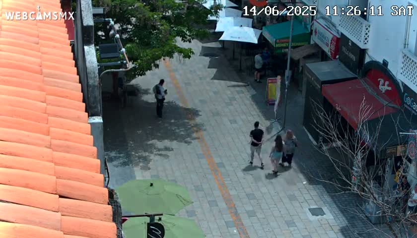 A high-angle view shows a paved pedestrian walkway with several people walking, along with some outdoor seating areas and shops under a sunny sky.