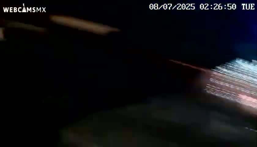 A blurry, dark image shows bright streaks of light moving across a mostly dark scene at night.