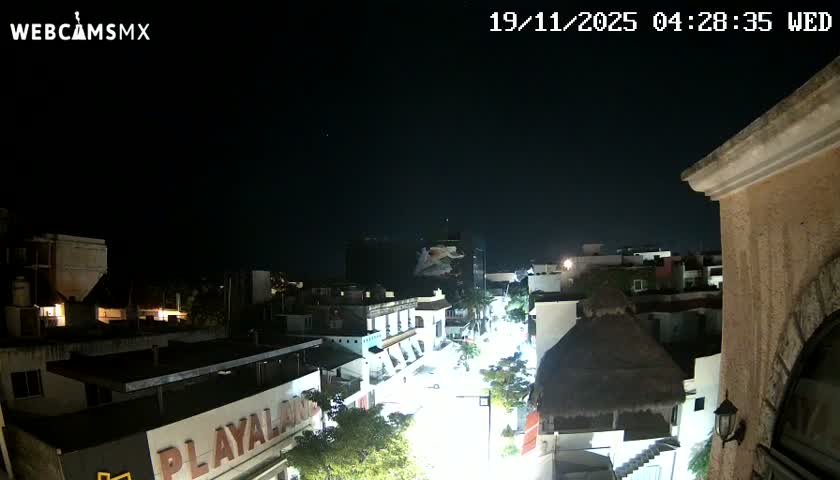A brightly lit street lined with buildings and palm trees is seen from an elevated perspective under a clear night sky.