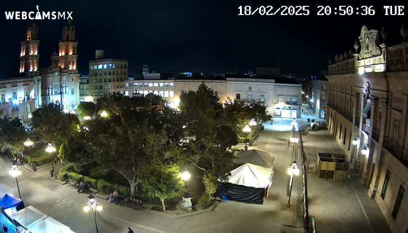 A nighttime view of a plaza with a cathedral, other buildings, and trees illuminated by streetlights.