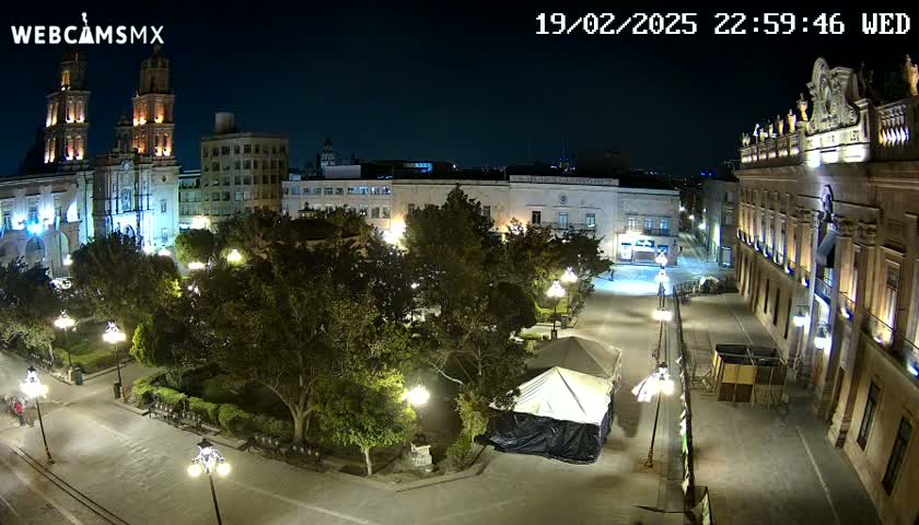 A nighttime view of a plaza with a cathedral and government buildings, surrounded by trees and streetlights.