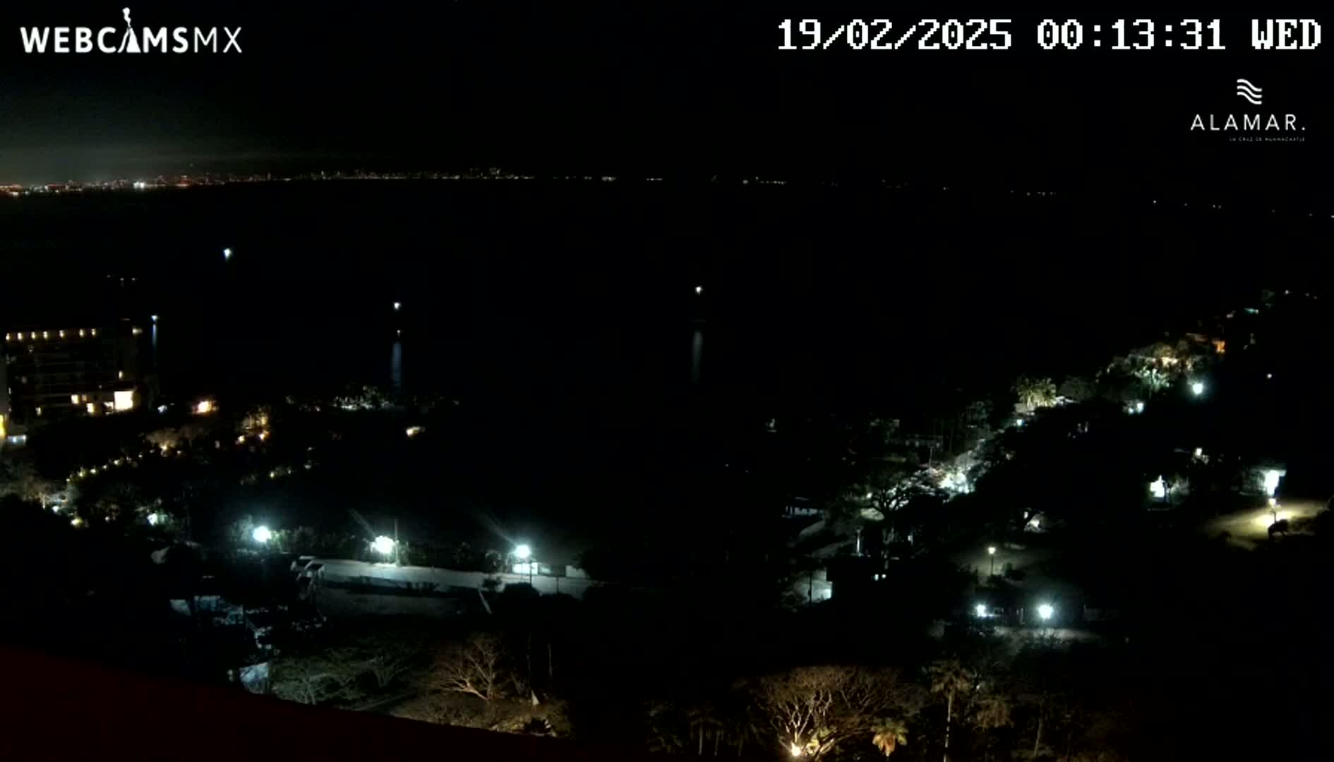 A nighttime view of a dark landscape with sparsely lit buildings and trees near a body of water, under a clear sky.