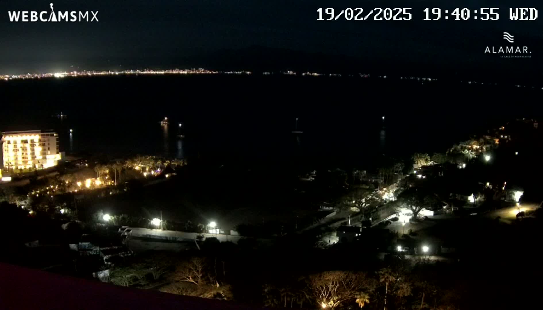 A nighttime, high-angle view shows a dark body of water with a city skyline in the distance, illuminated buildings and vegetation along the shoreline, and a large building near the water's edge.