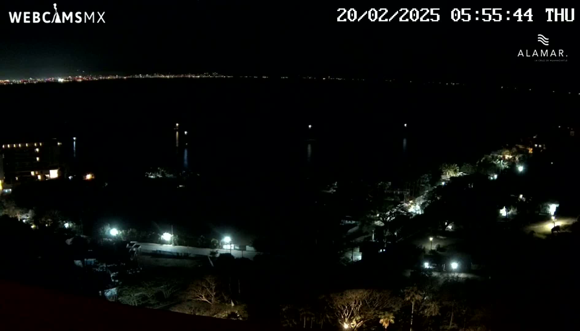 A nighttime view of a dark coastline with sparsely lit buildings and vegetation, overlooking a dark body of water with a distant city skyline faintly visible on the horizon.