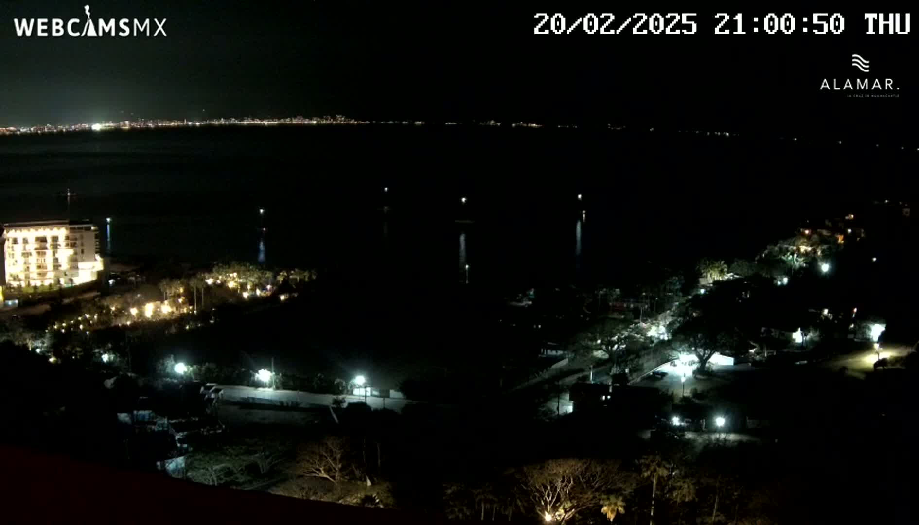 A nighttime view of a coastal area shows a dark body of water with a distant city skyline, and a shoreline with illuminated buildings and vegetation.