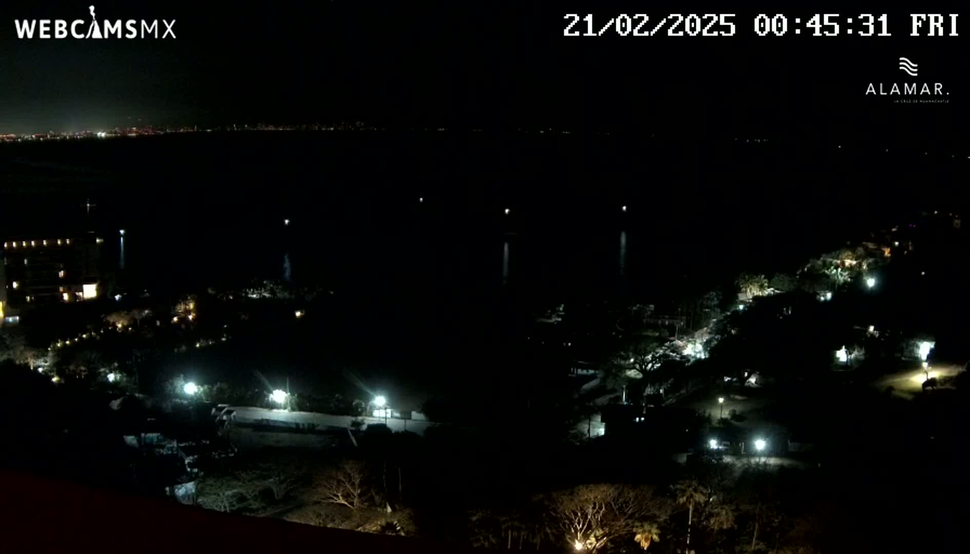 A nighttime, high-angle view shows a dark body of water, a coastline with sparsely lit buildings and vegetation, and a distant, faintly lit cityscape.