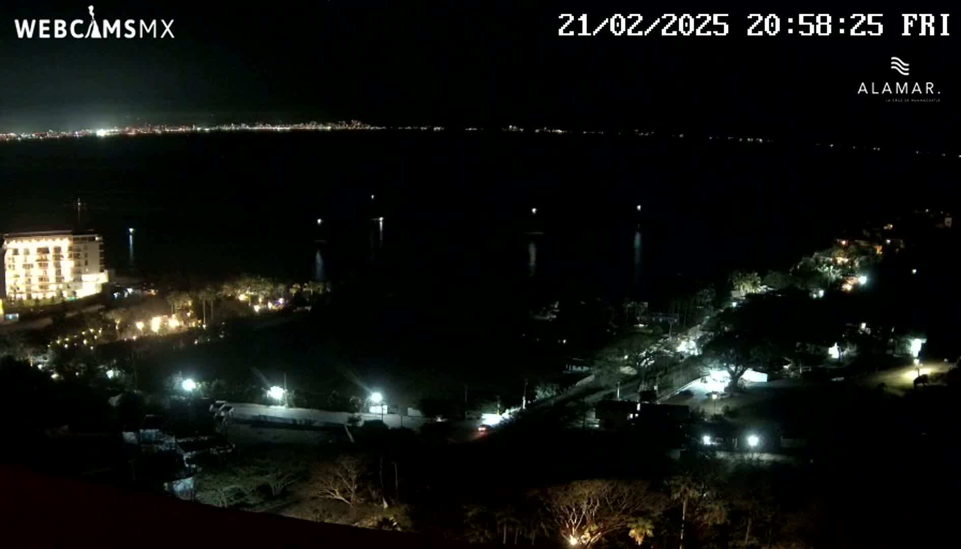 A nighttime view of a coastal area shows a dark body of water with city lights in the distance, a brightly lit hotel building, and sparsely lit surrounding vegetation.