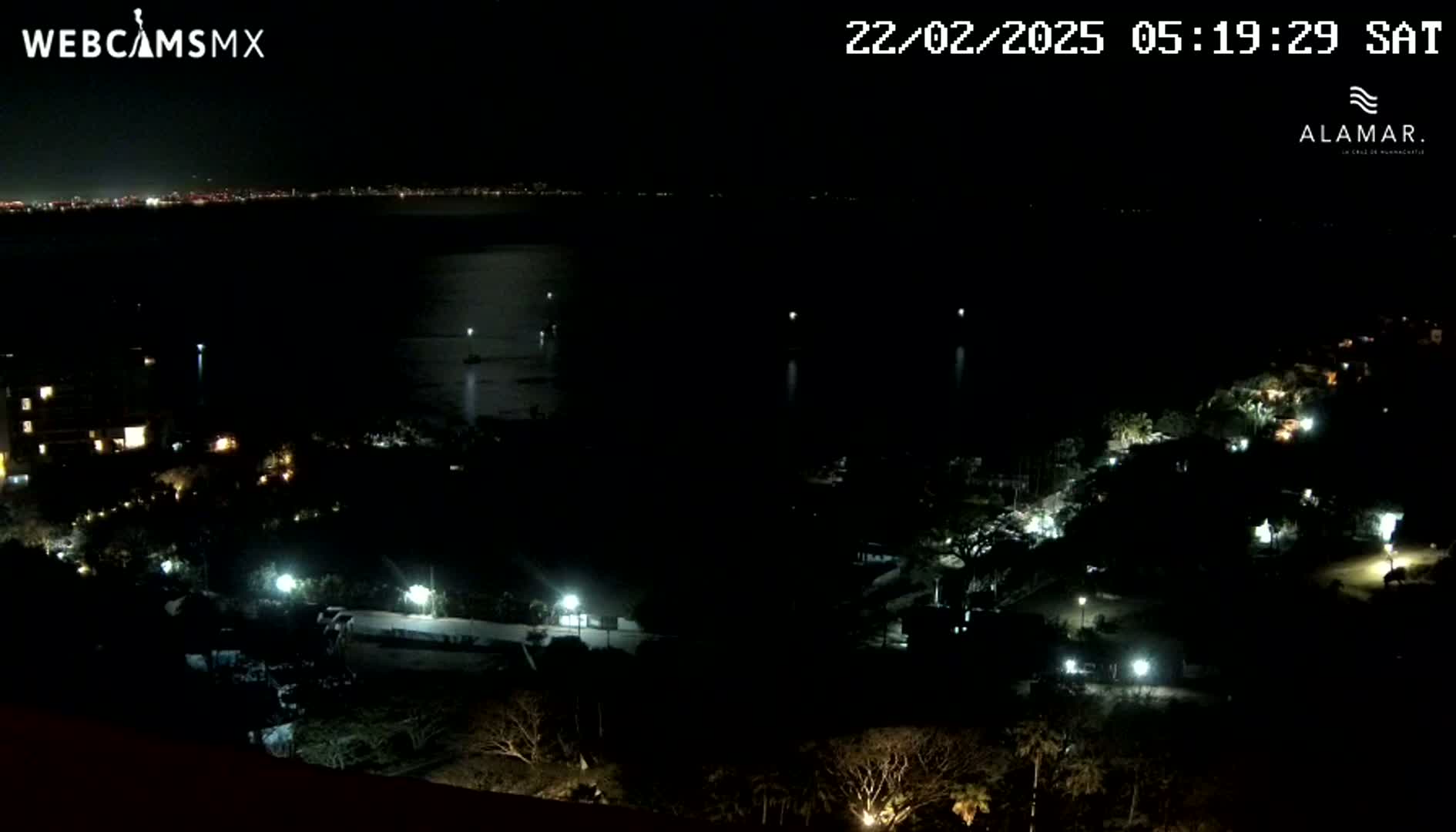 A nighttime view of a dark coastline with a body of water, city lights in the distance, and sparsely lit buildings and trees on the shore.