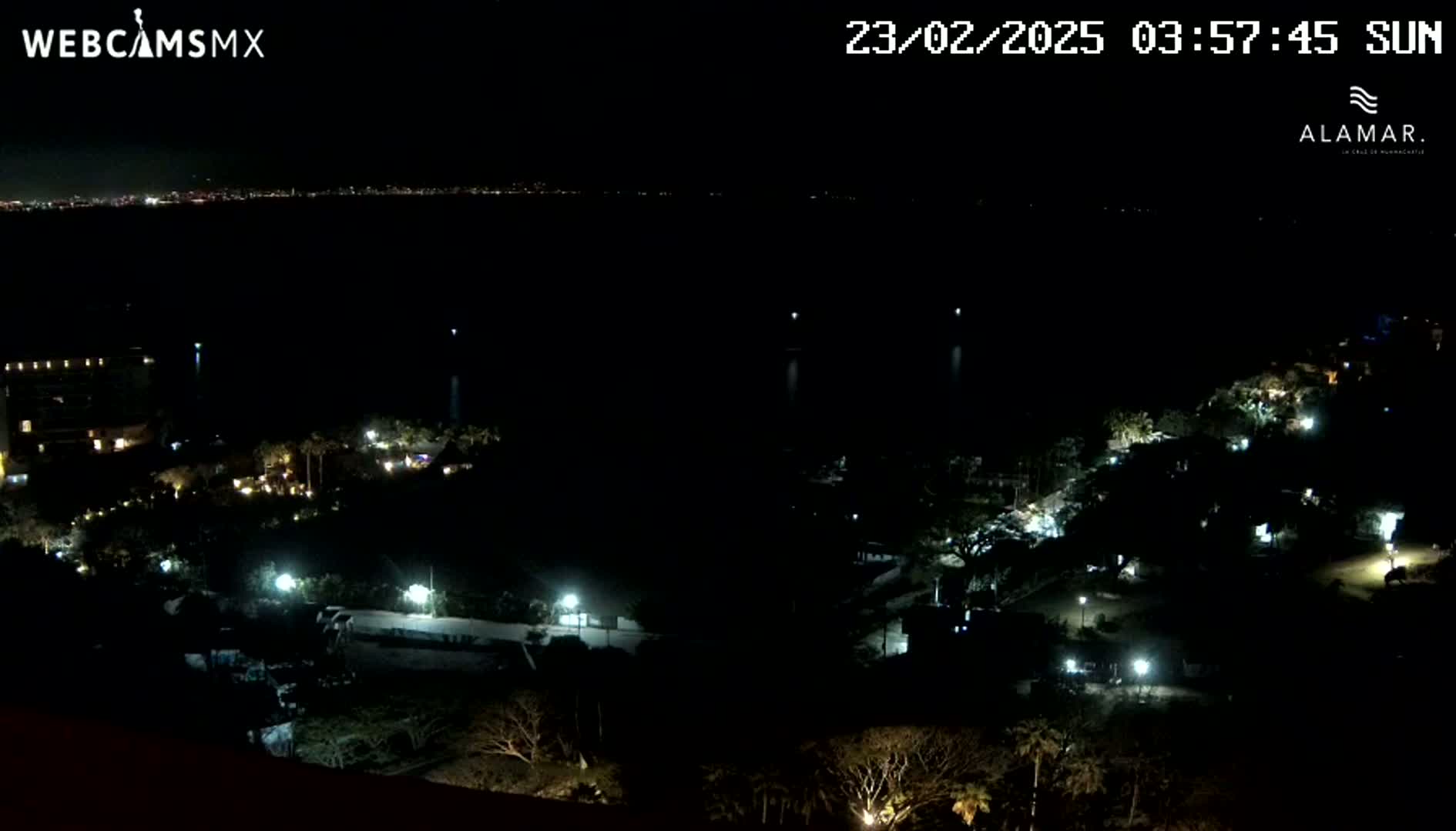 A nighttime, elevated view shows a dark body of water with a city skyline faintly visible in the distance, and a coastal area with sparsely lit buildings and vegetation in the foreground under a clear sky.