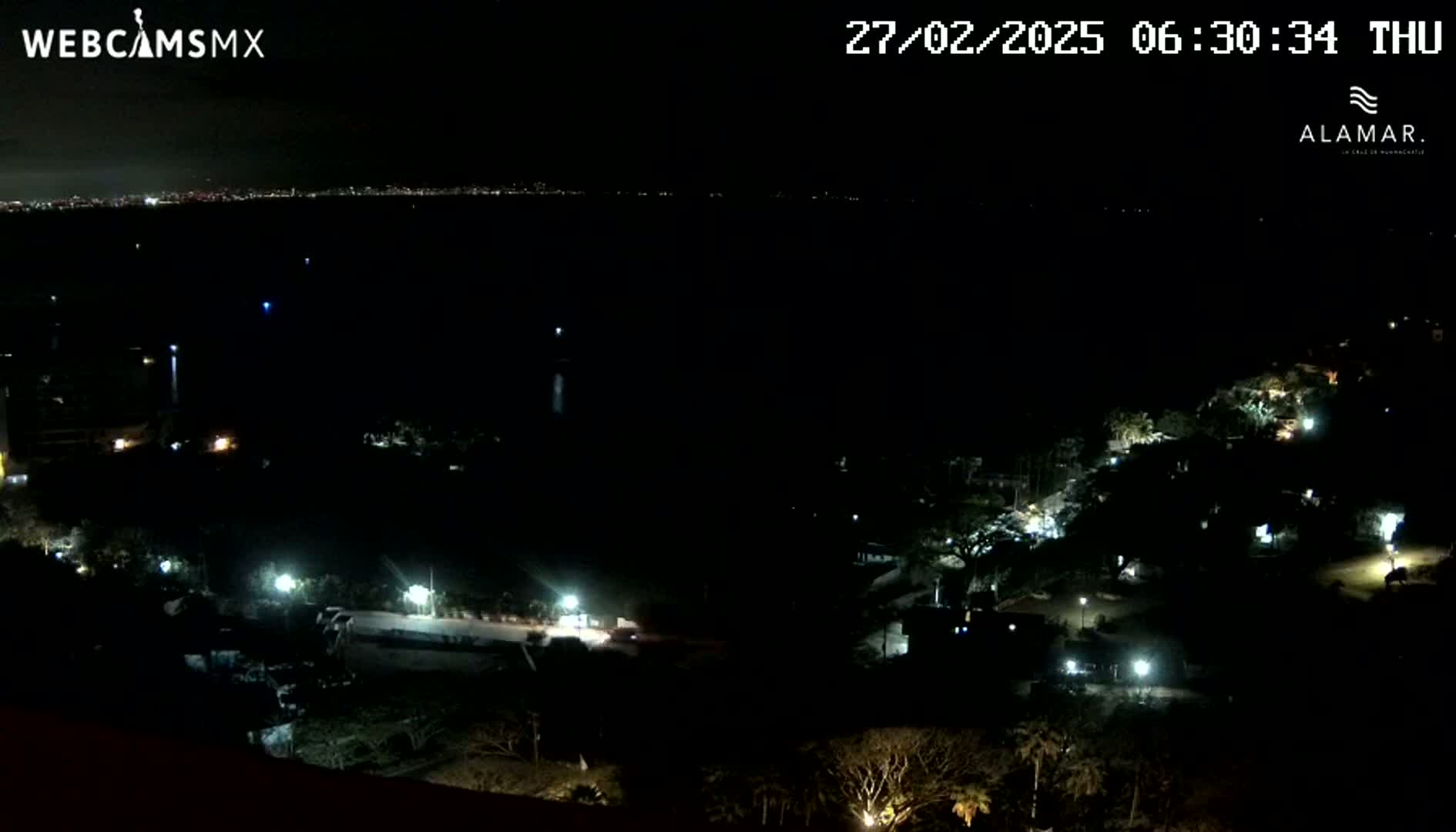 A nighttime view of a dark landscape with sparsely scattered lights, overlooking a body of water and a distant city skyline under a clear sky.