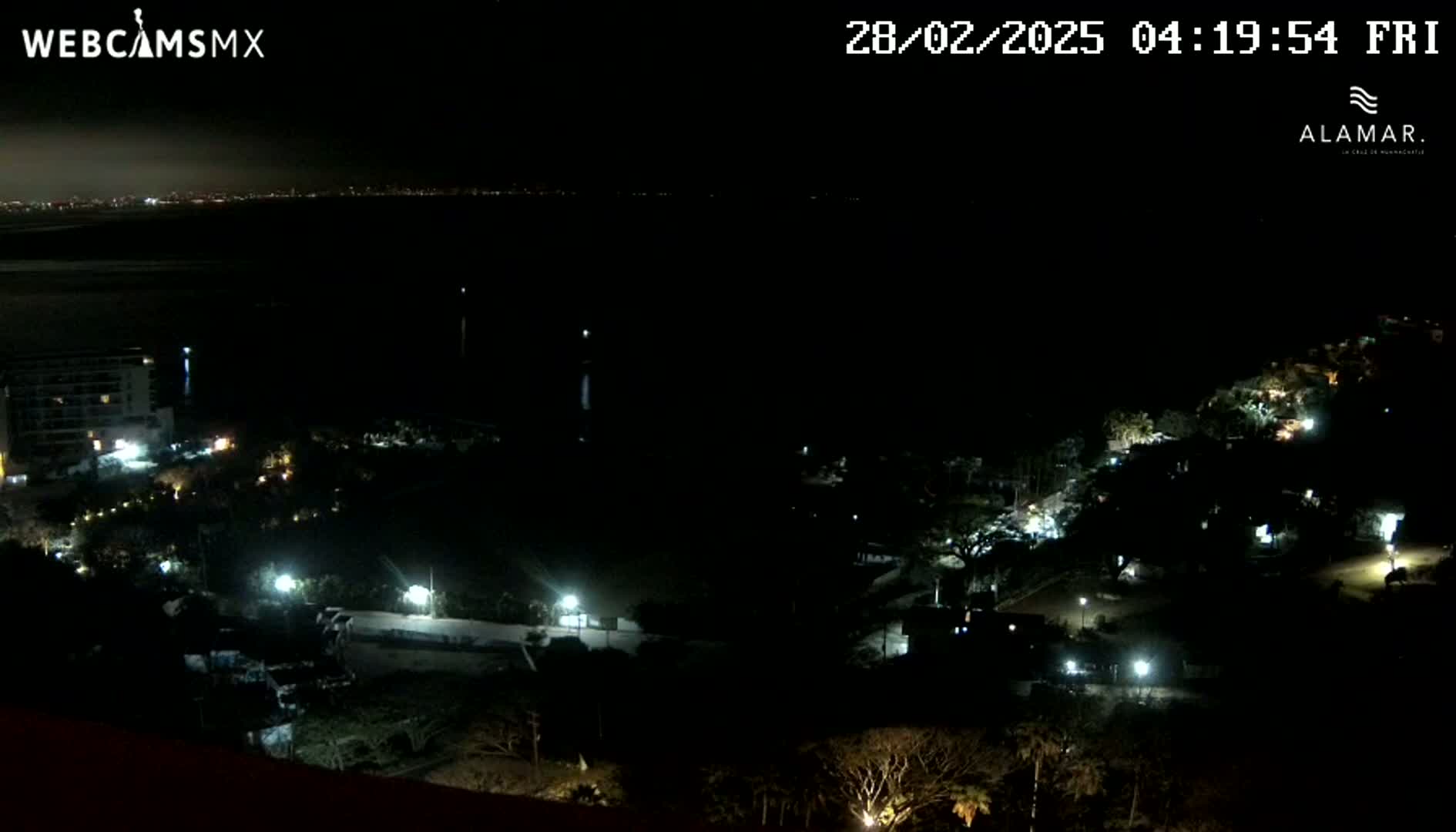 A nighttime, high-angle view shows a sparsely lit coastal area with buildings and vegetation, a body of dark water, and a distant city skyline faintly visible under a clear, dark sky.