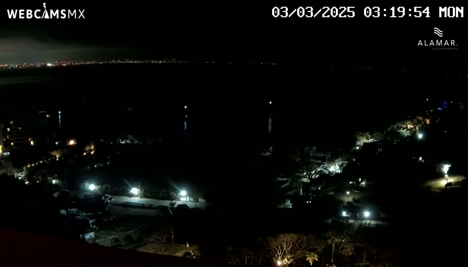 A nighttime, long-range view shows a dark body of water with a distant city skyline faintly visible, and a sparsely lit landscape below, featuring trees and buildings.