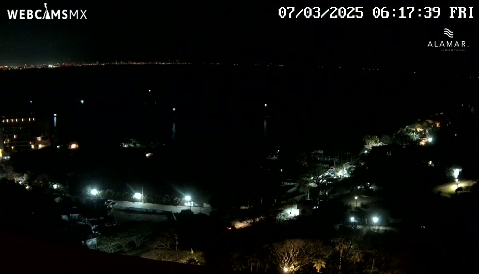 A nighttime, high-angle view shows a dark body of water with a distant city skyline, sparsely lit vegetation and buildings in the foreground.